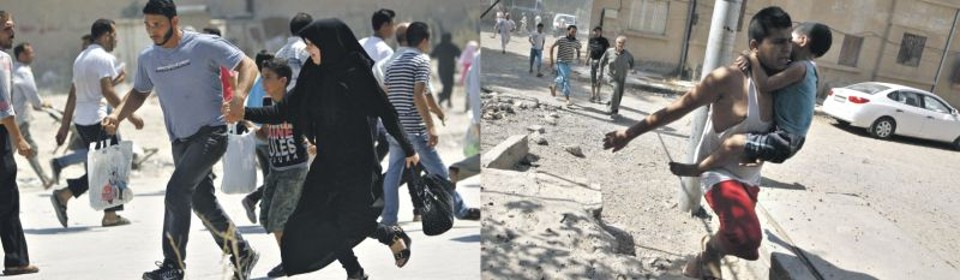 Oposição síria delata ataque químico Civis correm de atiradores em região limítrofe de Aleppo, entre área comandada por rebeldes e outra sob o domínio do governo; e homem escapa do perigo carregando criança em Raqqa | Muzaffar Salman/Reuters; Nour Fourat/Reuters