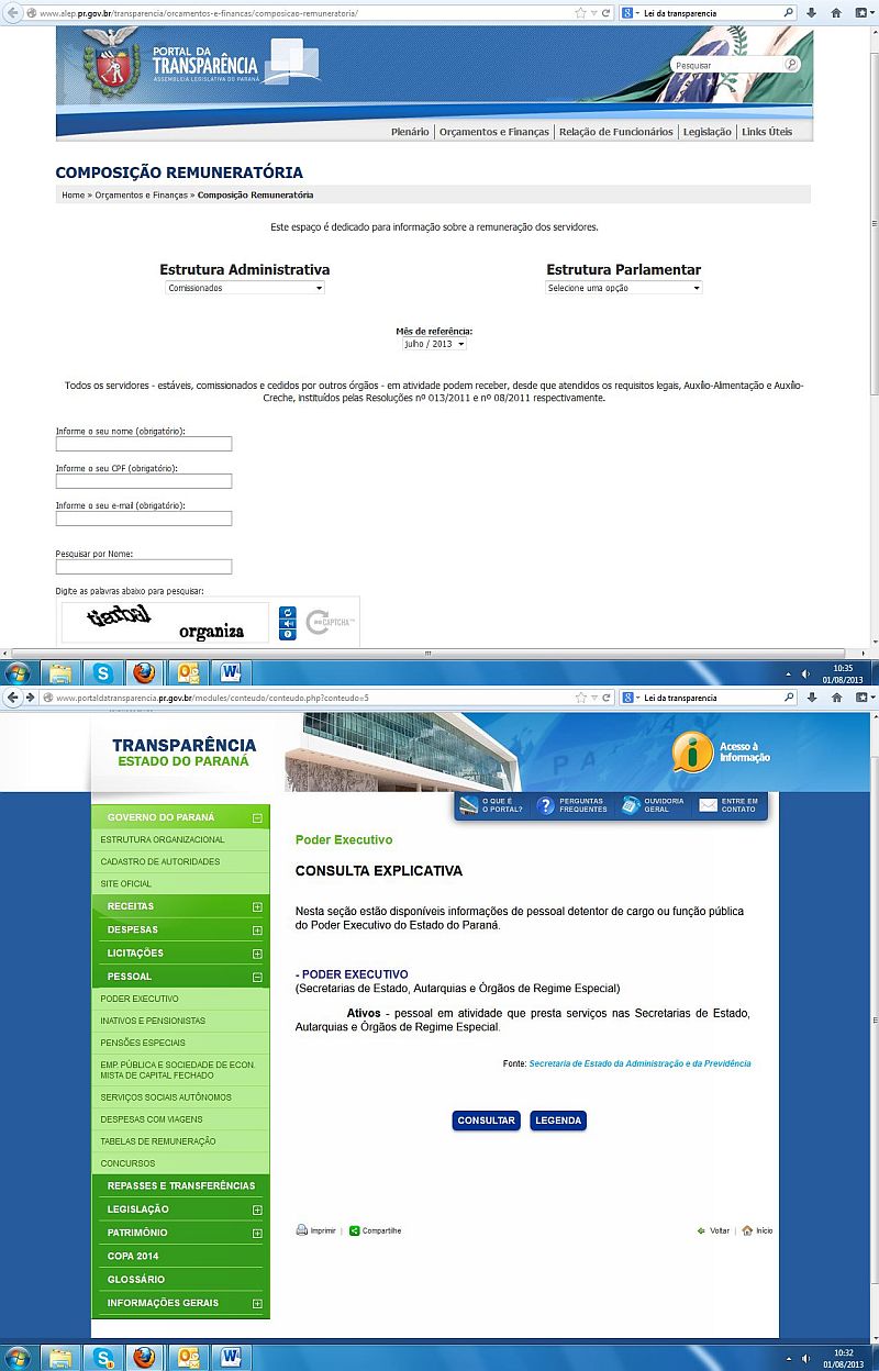 Ambos os portais passaram a divulgar nomes de servidores com seus respectivos salários na manhã desta quinta (1º) | Reprodução / Internet