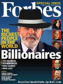 Uma suposta edição traz Lula na capa da revista Forbes como bilionário. A imagem foi republicada em diversos blogs desde maio do ano passado, mas revista negou oficialmente a história | Reprodução / Internet