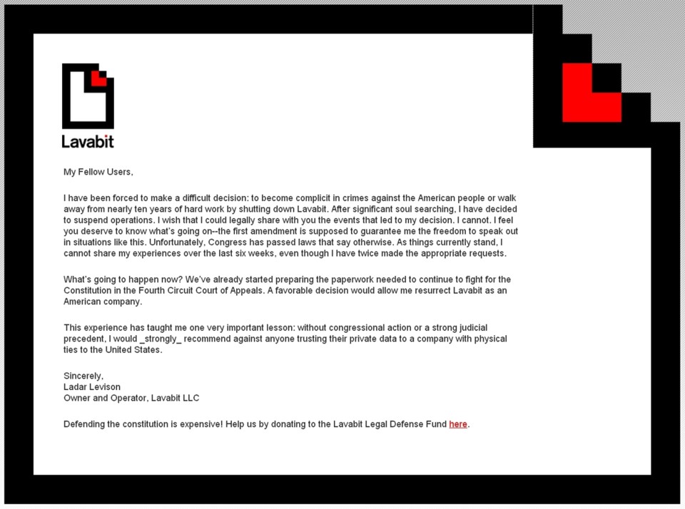 Mensagem do site avisando os usuários do fechamento | Reuters/Lavabit.com/Reprodução