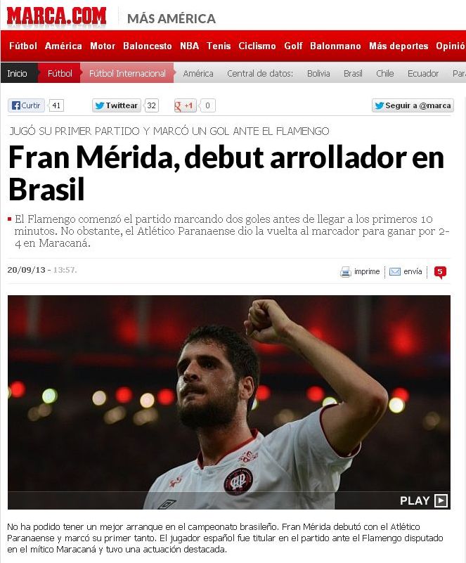 Diário Marca destaca estreia arrebatadora de Fran Mérida no Brasileiro pelo Atlético | Reprodução Marca.com