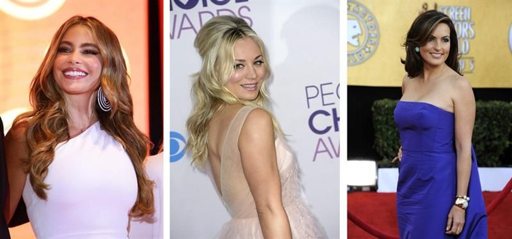 Combo de fotografias das atrizes mais bem pagas: Sofia Vergara, Kaley Cuoco e Mariska Hargitay