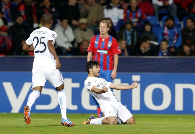 Agüero fez o último gol do Manchester City na vitória sobre o Viktoria Plzen | 