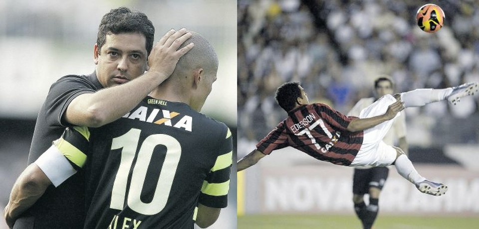 Marquinhos Santos e Alex, personagens no turno coxa: bom início manteve time entre os dez; Éderson arrisca um voleio contra o Vasco: goleador passou o segundo jogo seguido sem marcar | Jonathan Campos/Gazeta do Povo e Alexandre Loureiro/Inovafoto Estadão