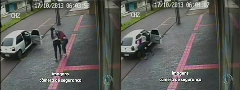 Câmeras de segurança flagraram o exato momento em que a vítima é forçada a entrar no veículo com as agressoras | Reprodução/RPC TV Maringá