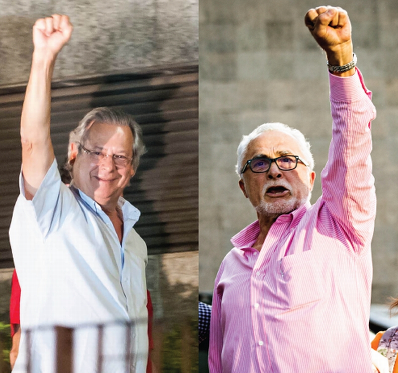 Dirceu (esq.) e Genoino (dir.) de punho cerrado e braço erguido, ao serem presos: gesto da Internacional Socialista | Adriano Lima/Folhapress ; Eduardo Knapp/Folhapress