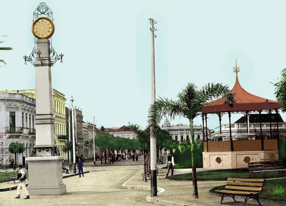 A Praça Osório recebeu as melhorias em 1914. O coreto, o repuxo e o relógio, sendo que este só veio a funcionar em 1918, após a primeira guerra mundial | Acervo Cid Destefani