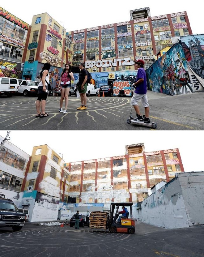 O edifício 5Pointz com os grafites, acima, e já pintado de branco | Justin Lane / EFE