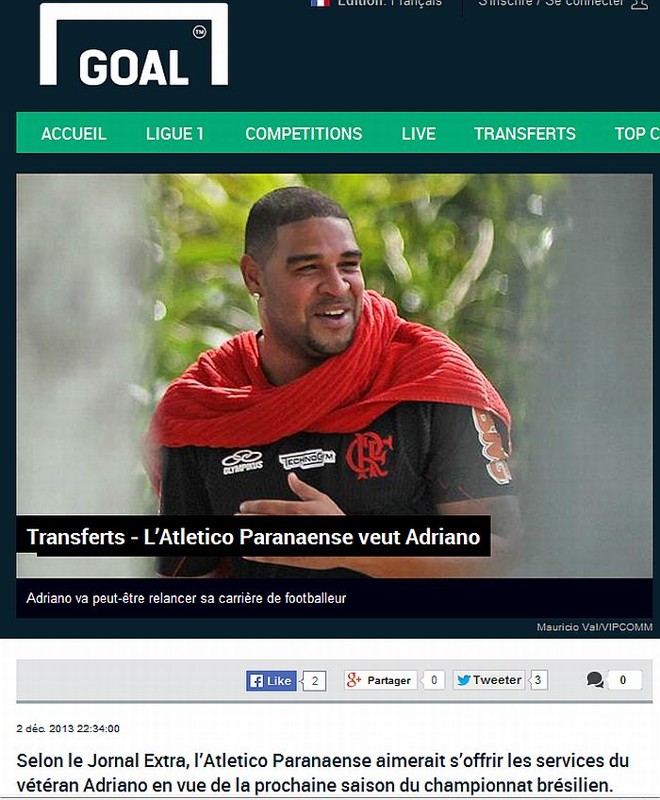 Versão francesa do site Goal dá destaque para a chegada de Adriano ao Atlético | 