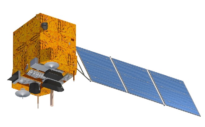 Desenho do CBERS-3, que será lançado no próximo dia 9: um pequeno passo para o Brasil | Divulgação/Inpe
