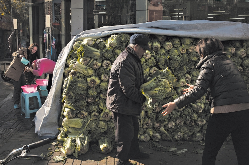 Produtores chineses descarregam toneladas de repolho nas calçadas de Pequim para as vendas, aprovadas pelo governo | Gilles Sabrie para The New York Times