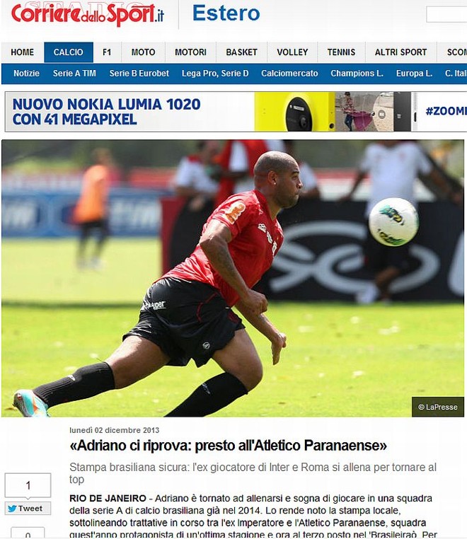 Corriere dello Sport destaca a chegada de Adriano no Atlético | 