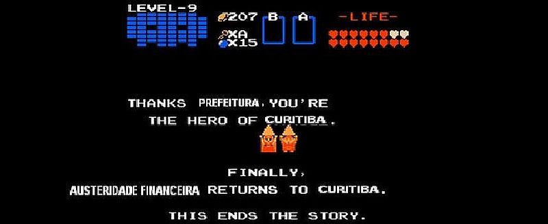 No Twitter, perfil da Prefeitura de Curitiba postou brincadeira com o "fim" das dívidas, imitando tela de jogo de videogame antigo | Divulgação / Twitter Prefeitura de Curitiba