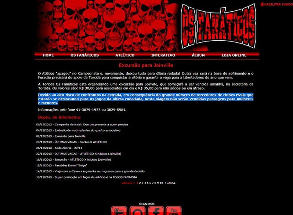 Nota no site da Fanáticos alertando para o perigo do jogo em Joinville |
