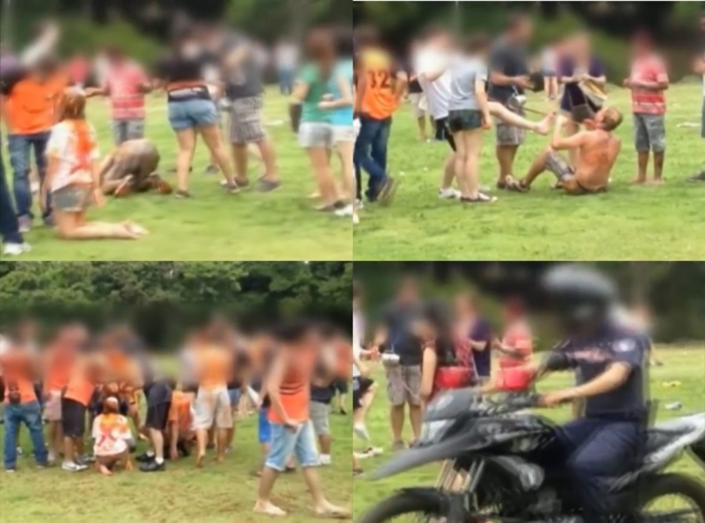 Cenas gravadas em Londrina, em 9 de janeiro, mostram calouros ajoelhados, sendo puxados por coleiras, obrigados a beijar os pés de veteranos e a tomar bebida alcoólica. Guardas municipais viram a situação e não tomaram providências. | Reprodução / Internet