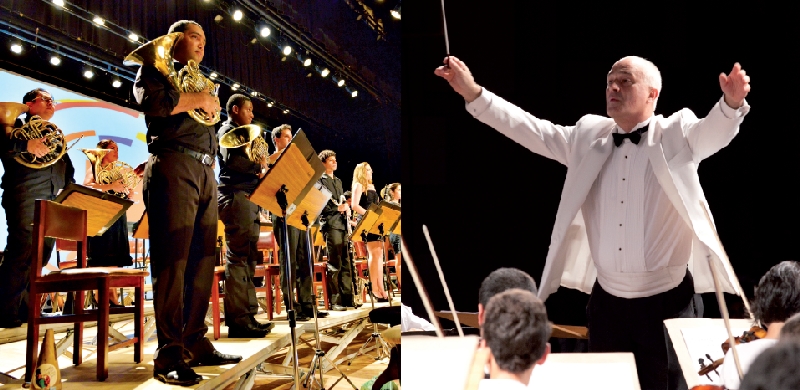 Orquestra Sinfônica Juvenil da Bahia (à esq.), que se apresentou no festival: grupos latinos da nova geração são o futuro da música clássica, segundo o maestro Alex Klein (à dir.). | Chan/Divulgação; Tiba/Divulgação