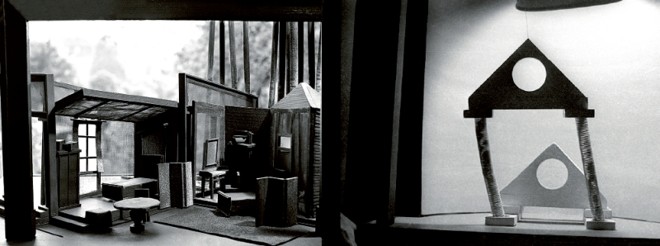 Maquetes de Helio para cenários de As Três Irmãs, de Chékhov, e As Preciosas Ridículas, de Molière |