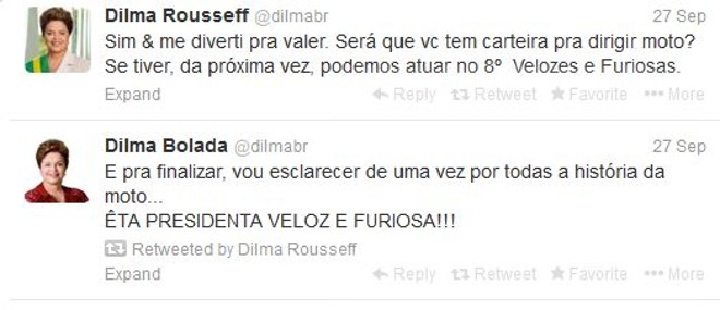 Logo que voltou ao Twitter, a presidente Dilma Rousseff começou a bater um papo com sua sátira, a Dilma Bolada. | 