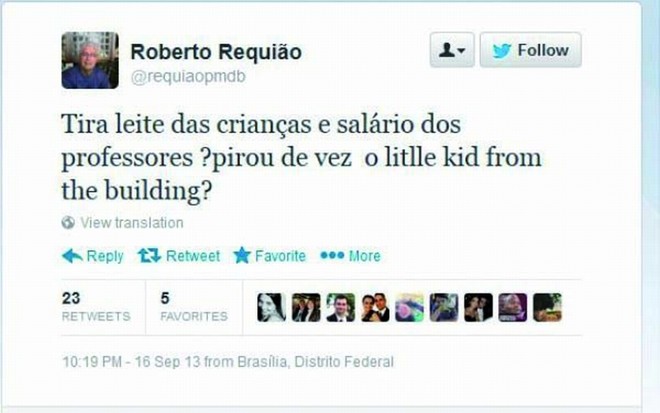O senador Roberto Requião é um dos mais atuantes nas redes. Nesta postagem, faz referência ao governador Beto Richa |