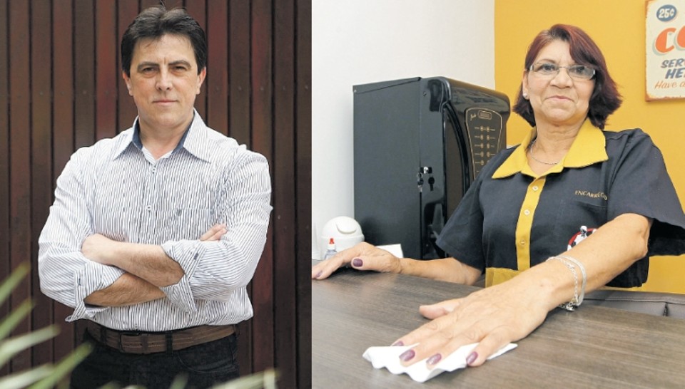 Vendemos o almoço para comprar a janta, diz Marcos Grabowski, 49 anos, que reinveste na empresa todo o dinheiro que sobra; Dois terços dos aposentados pelo INSS continuam trabalhando. É o caso da encarregada de limpeza Carmen Regina Martins, 67 anos | Antônio More/ Gazeta do Povo