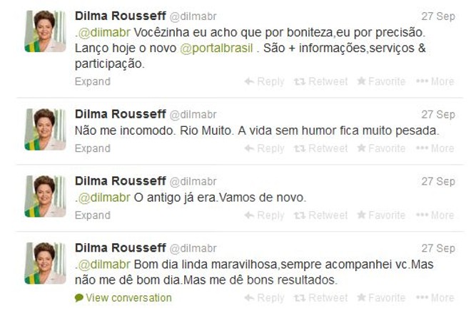 Logo que voltou ao Twitter, a presidente Dilma Rousseff começou a bater um papo com sua sátira, a Dilma Bolada. | 