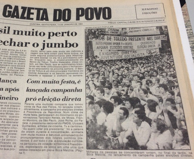 Capa da Gazeta do Povo de 13/01/1984, com chamada sobre o comício |