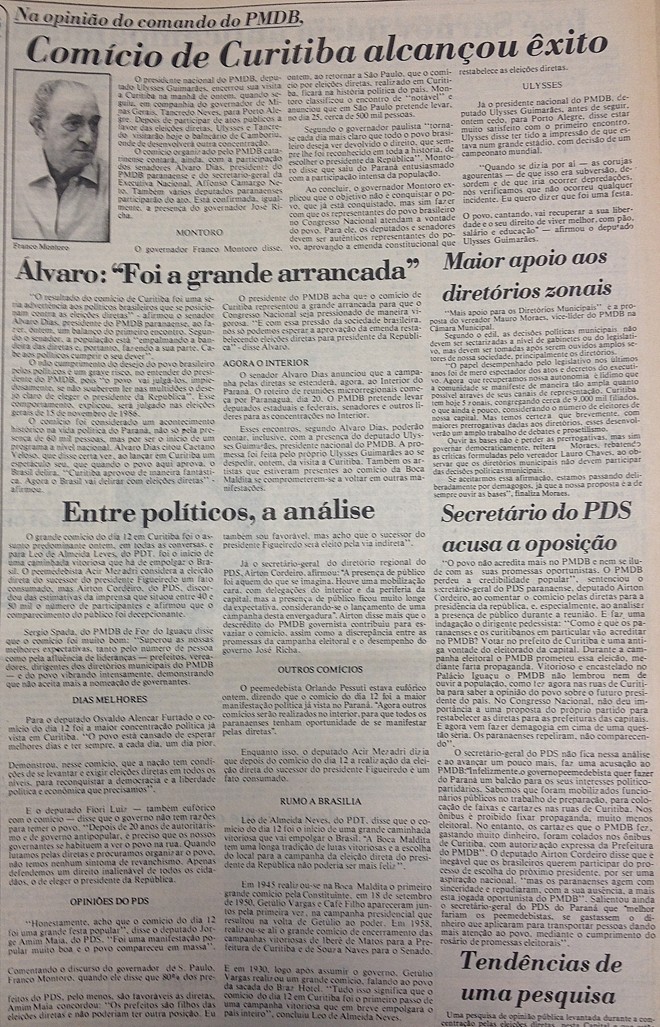 Reportagem publicada na edição de 14/01/1984 da Gazeta do Povo repercute o comício |