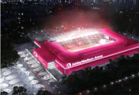 A assessoria do Ashley Madison distribuiu uma projeção de como ficaria a Arena com a marca do site de relações extraconjugais. | Divulgação/ Ashley Madison