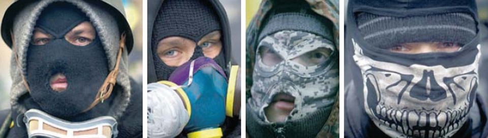 Manifestantes mascarados que constroem barricadas e participam dos protestos na Praça da Independência, no centro de Kiev | Thomas Peter/Reuters; Thomas Peter/Reuters; Vasily Fedosenko/Reuters; Thomas Peter/Reuters