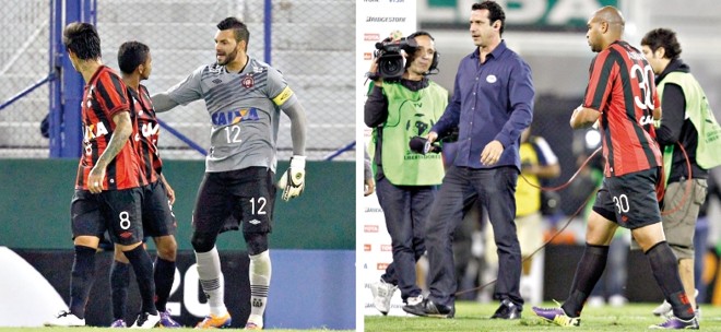 A derrota atleticana por 2 a 0 para o Vélez Sarsfield em Buenos Aires em três atos: comemoração dos argentinos pelo gol de Tobio, o primeiro do jogo; a quase briga de Deivid com o goleiro Weverton; e a amargura de Adriano na saída de campo por ser pouco utilizado | 