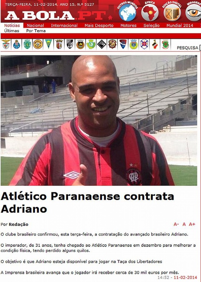 A Bola, de Portugal, também noticiou a contratação do Imperador pelo Furacão |