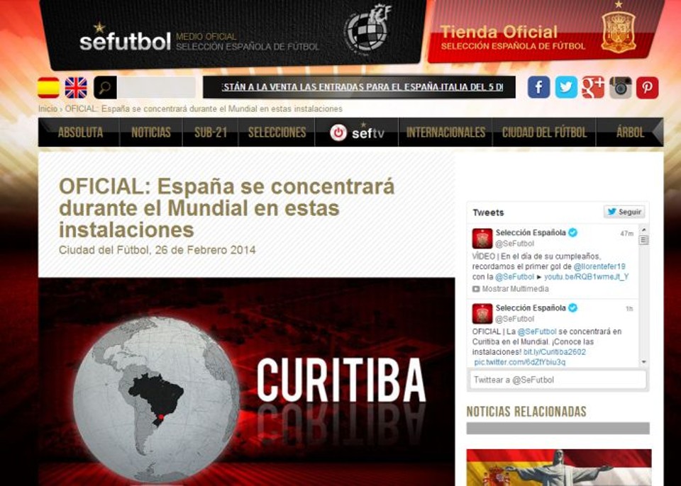 Mesmo com erro de informação, Curitiba foi destaque na página oficial da seleção espanhola | Reprodução