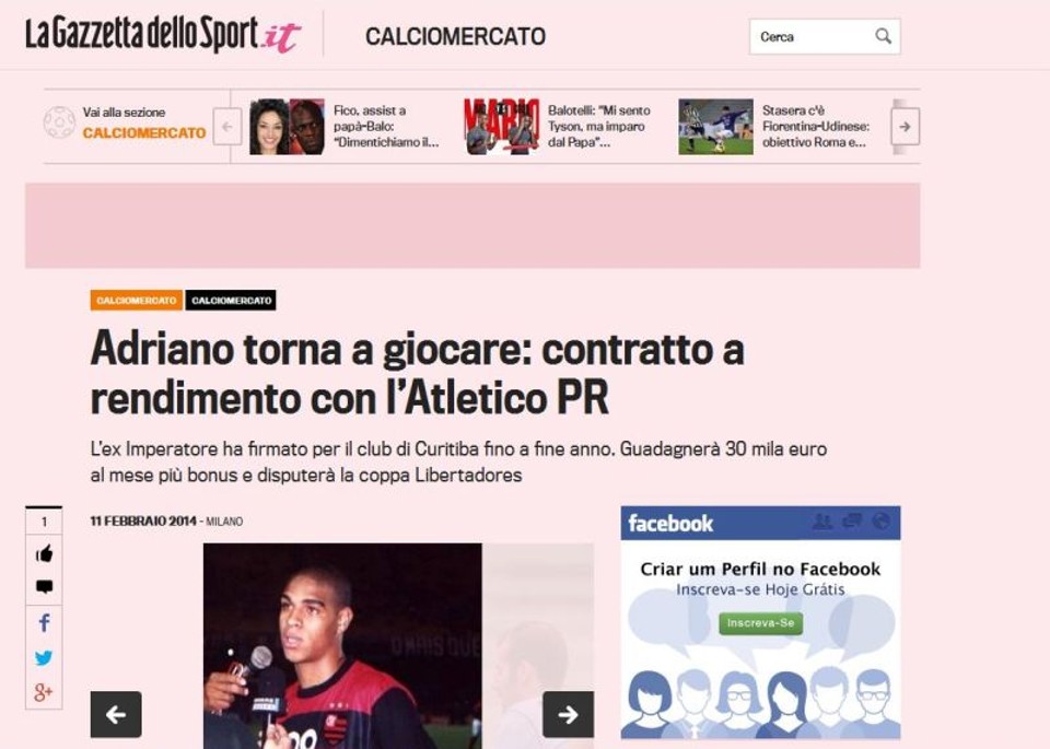 Gazzetta dello Sport explicou contrato de produtividade assinado por Adriano | Reprodução