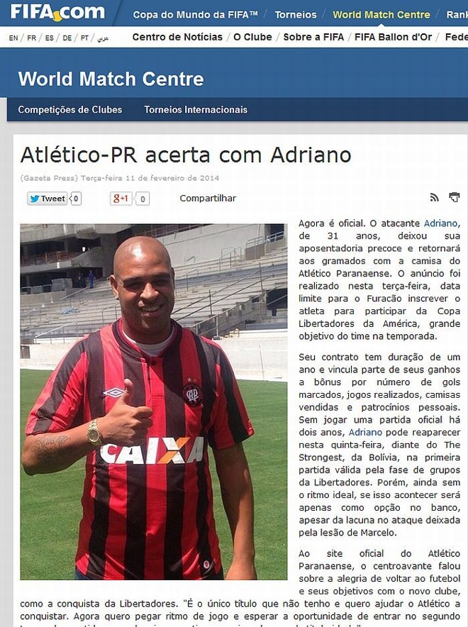 Site em português da Fifa também noticiou acerto entre Imperador e Furacão |