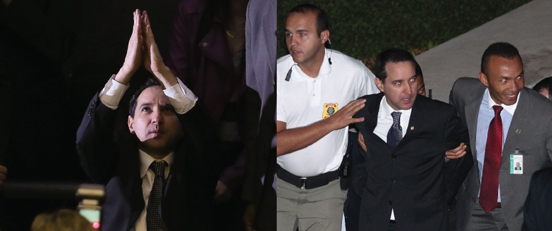 Natan Donadon se ajoelha após a votação que manteve seu mandato, em agosto de 2013 ; Seis meses depois, parlamentar é cassado e deixa o Congresso escoltado por policiais | Sérgio Lima/Folhapress ; Pedro Ladeira/Folhapress