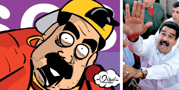 Rapper Nic Madurox, no traço de Emmanuel Vidal; à direita, Maduro cumprimenta partidários | Reprodução; Jorge Silva/Reuters