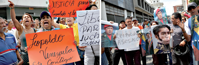 Partidários de Leopoldo López com cartazes dizendo que a Venezuela está com você... contrastam com manifestantes pró-governo que chamam o líder opositor de assassino. | Carlos Garcia Rawlins/Reuters