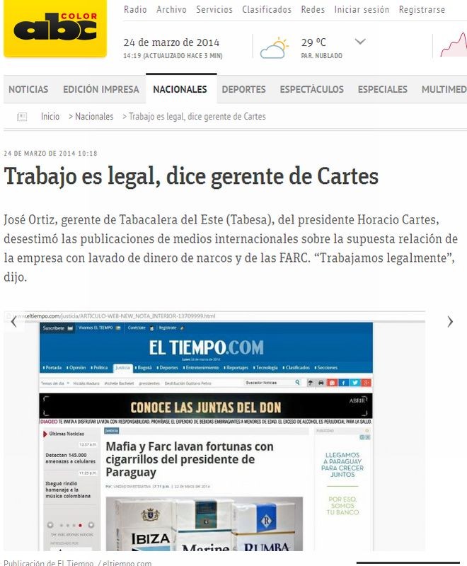 Jornal paraguaio repercute série da Gazeta do Povo e do jornal El Tiempo sobre o contrabando de cigarros | Reprodução/ABC COLOR
