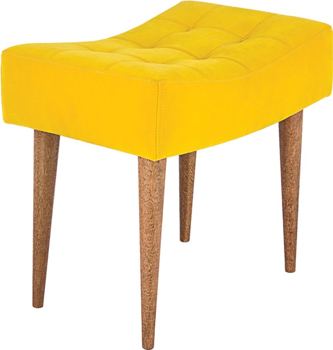 Puff com pés palito e estofado em nobuk amarelo da marca Fullway, distribuído pela Goods BR. Preço sugerido: R$ 415,90 |