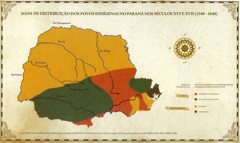 Mapa da distribuição dos povos indígenas no Paraná entre 1540 e 1640, elaborado por Cláudia Parellada e José Luiz de Carvalho |