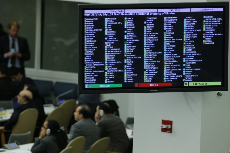 Placar da votação sobre a anexação da Crimeia, que foi considerada inválida na Assembleia Geral da ONU | REUTERS/Eduardo Munoz