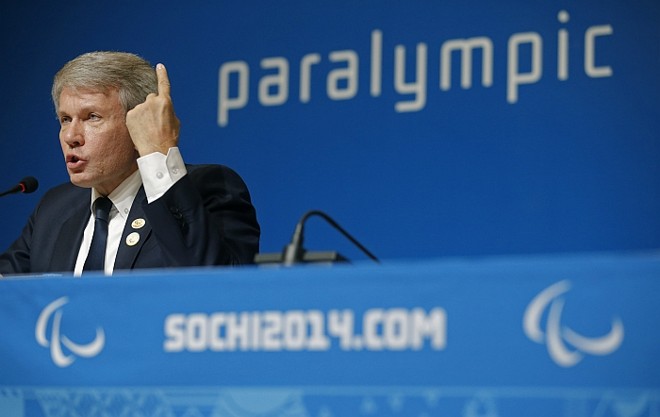 O dirigente paralímpico da Ucrânia, Valeriy Sushkevich, durante coletiva de imprensa em Sochi. | Reuters-Christian Hartmann