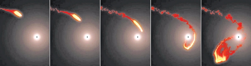 Uma nuvem de gás chamada G2 está prestes a colidir com Sagittarius A*, um buraco negro supermaciço no centro da nossa galáxia. Uma simulação mostra como a nuvem poderia ser esticada e dilacerada | O observatório meridional europeu