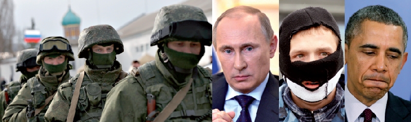 Personagens da crise na península da Crimeia que é parte da Ucrânia, mas tem forte influência russa, etnia numerosa na região : militares russos, Putin, ativista pró-Rússia e Obama | David Mdzinarishvili/Reuters; Alexei Nikolskiy/Reuters; Vasily Fedosenko/Reuters; Jonathan Ernst/Reu