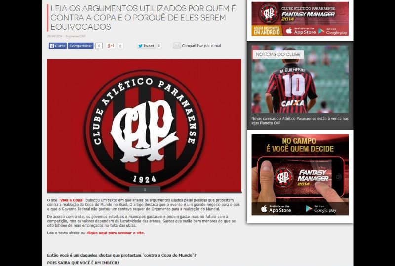 Chamada no site oficial do Atlético para reprodução de agressivo texto contra pessoas chamadas de "anti-Copa" | Reprodução
