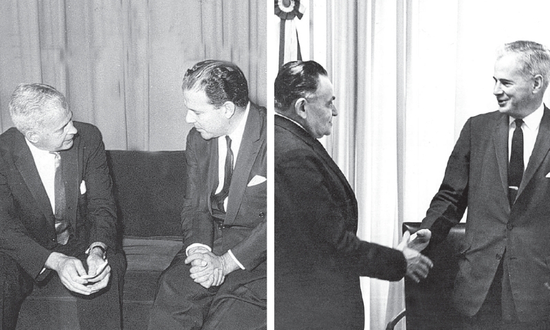 O embaixador dos EUA no Brasil em 1964, Lincoln Gordon, em dois momentos: encontrando-se com Jango, enquanto conspirava contra ele; e em audiência com Castelo Branco, o primeiro presidente da ditadura militar | Acervo UH/ Folhapress ; Arquivo/ Estadão Conteúdo