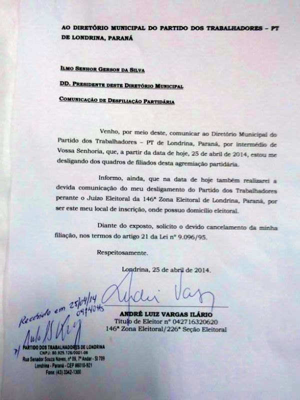 Carta de André Vargas em que comunica a desfiliação do PT | Divulgação
