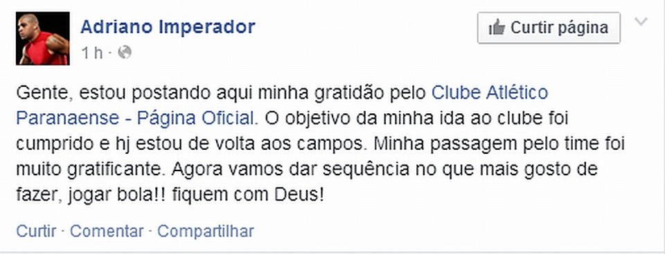 Adriano se despediu do Atlético com nota em rede social | Reprodução / Facebook Adriano