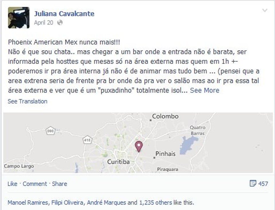 A história ganhou espaço na internet depois que comentários feitos pelo perfil do dono do Phoenix American Mex tachavam a cliente de mana e de pertencente a classe social dos que começaram a vida agora. Comentários foram apagados posteriormente | Reprodução / Facebook