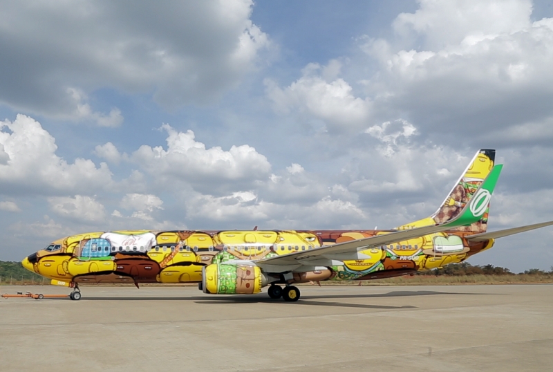 O Boeing 737-800 (PR-GUO) da Gol foi grafitado especialmente pelos Os Gêmeos para transportar a seleção durante a Copa de 2014 | Divulgação / Gol